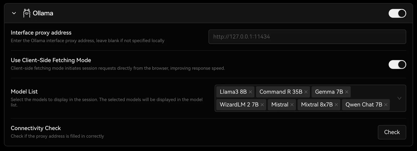 Ollama service provider settings