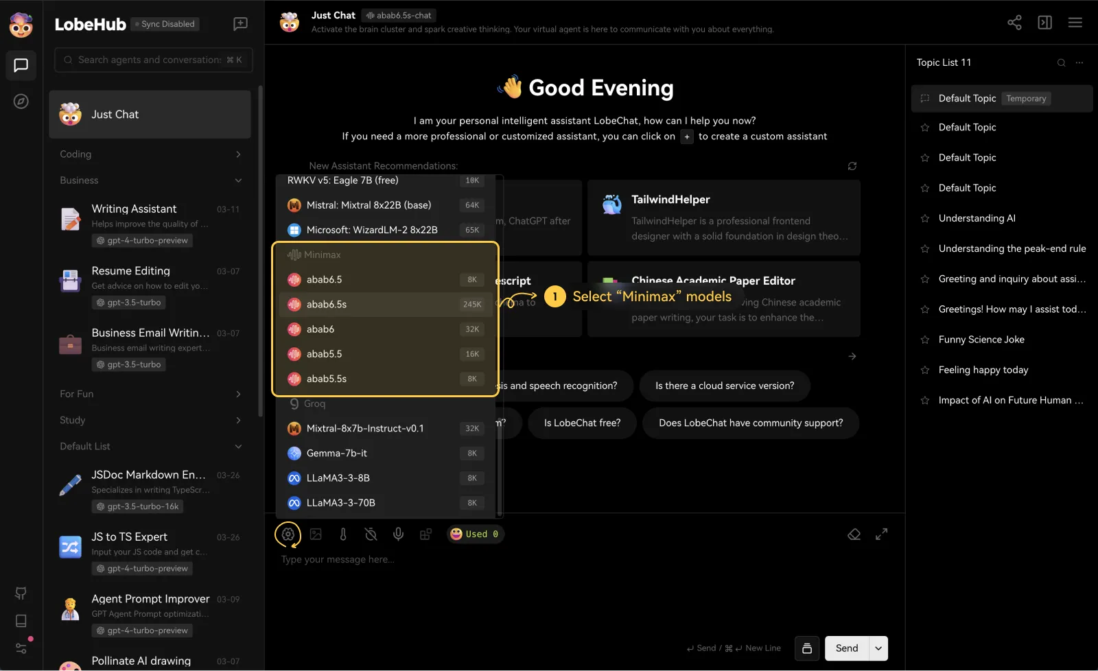 Select MiniMax Model and Start Conversation